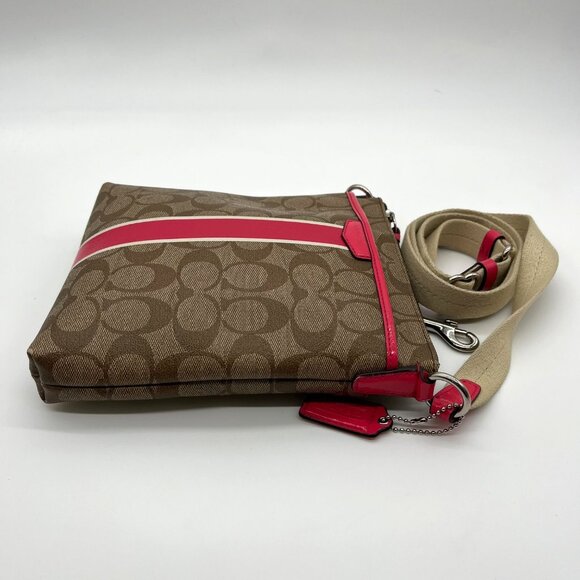 Coach Brown Coated Canvas Signature Pink Stripe Swingpack Bag - Picture 3 of 13